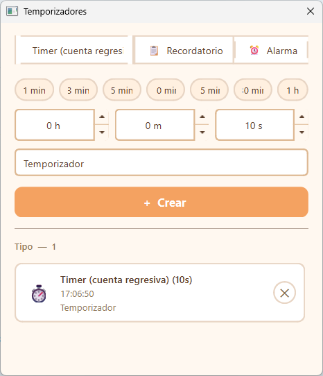 Timers dialog showing active entries